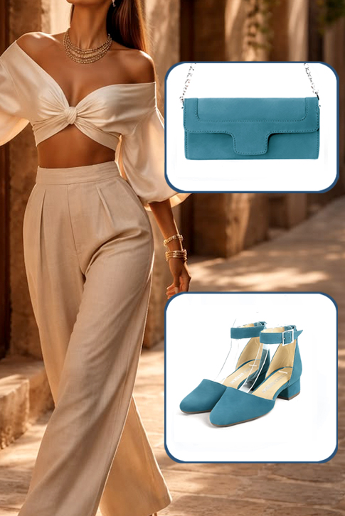 Dress heels closed-back ankle strap in peacock blue leather with low block heels and round toe - Worn view